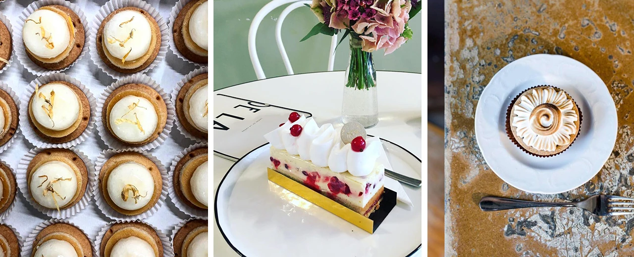 © Paremie | Creme de la Creme | TART'A TATA Drei köstliche Kuchen und Törtchen: kleine Törtchen, ein Stück Kuchen mit Beeren und ein Törtchen mit Baiser.