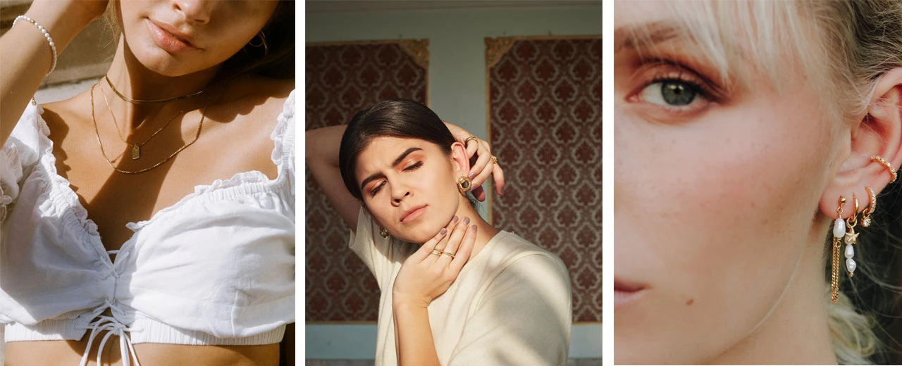 © Bruna the Label | Lukas Gaechter/Lena Kris Schmuck | Eves Jewel Drei Bilder zeigen Frauen mit verschiedenen Goldschmuckstücken wie Halsketten, Ringen und Ohrringen. Erstellt mit Adobe Photoshop CS6.