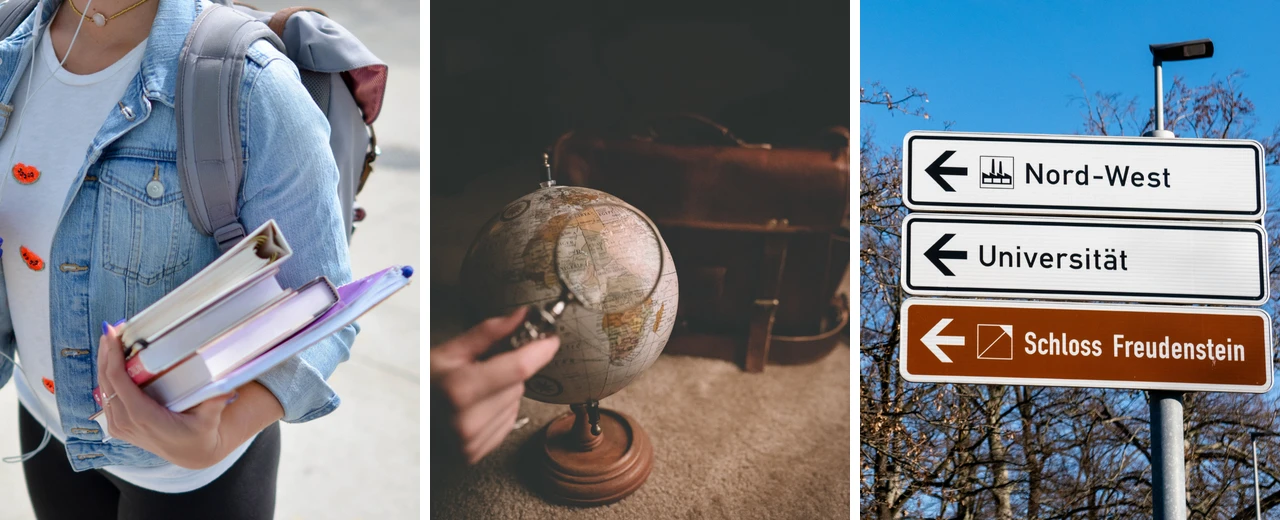 Bildcollage: Studentin mit Büchern, Globus und Wegweiser zur Universität. Symbolisiert Auslandsstudium, Erasmus.