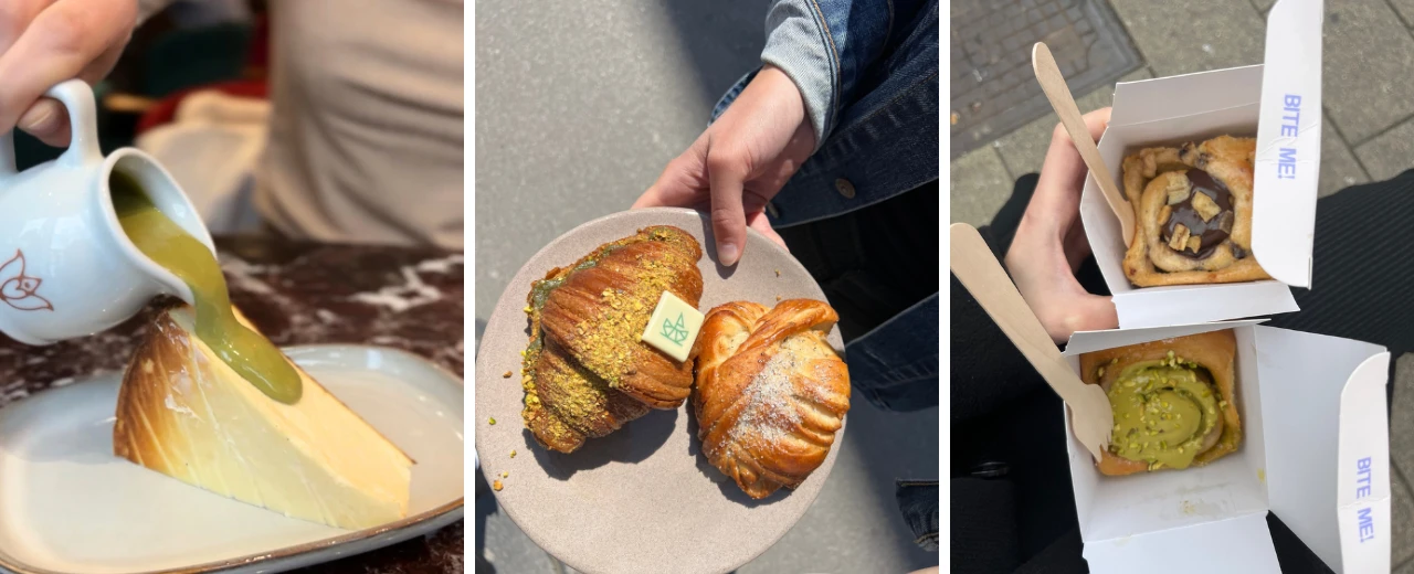 © Anna Jonach I Anna Jonach I Anna Jonach Collage mit Bildern von verschiedenen Desserts: Käsekuchen, Croissants und Zimtschnecken.