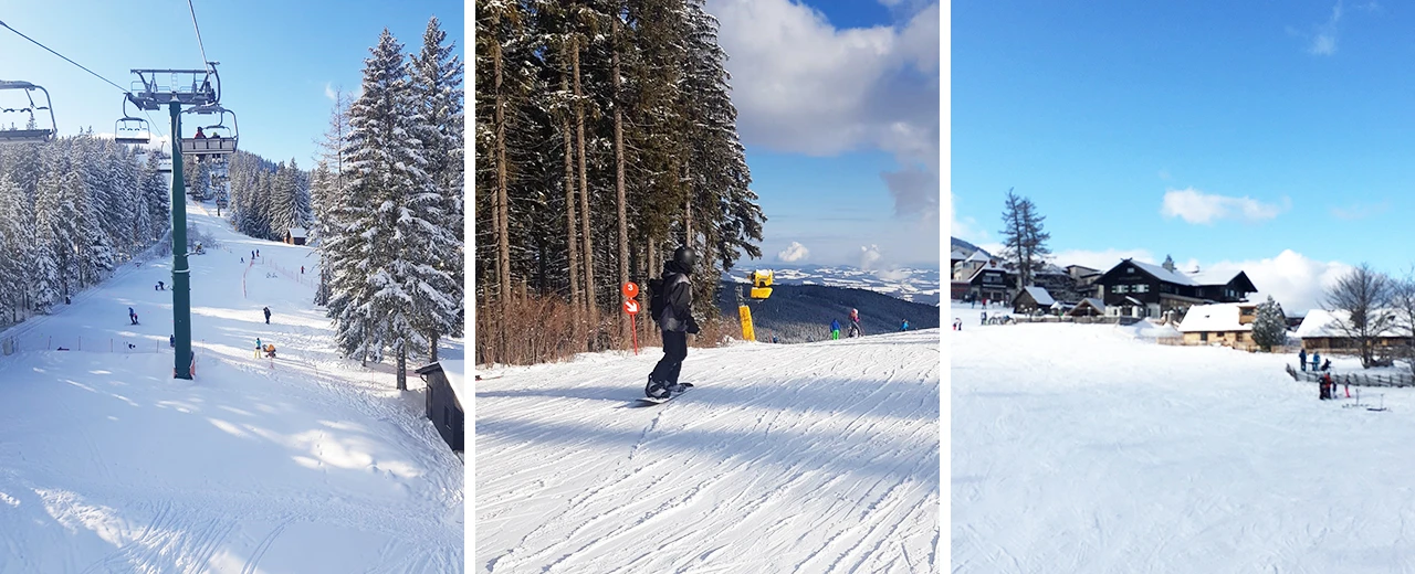 Drei Bilder zeigen ein verschneites Skigebiet mit Sesselbahn, Skifahrern, Snowboardern und Berghütten.