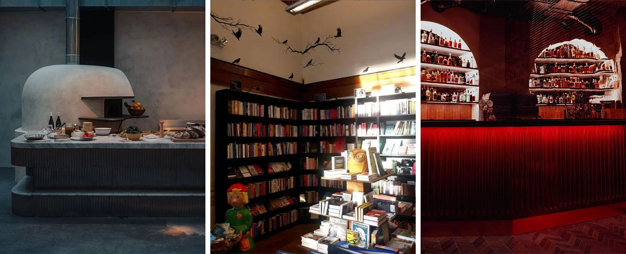 Drei Bilder: moderne Küche mit Holzofen, Buchladen und stilvolle Bar. Erstellt mit Adobe Photoshop.