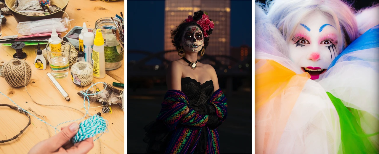 © unsplash Drei Bilder: Bastelutensilien, Frau mit Totenkopf-Schminke, bunter Clown. Perfekt für Halloween, Karneval & Kostümideen.