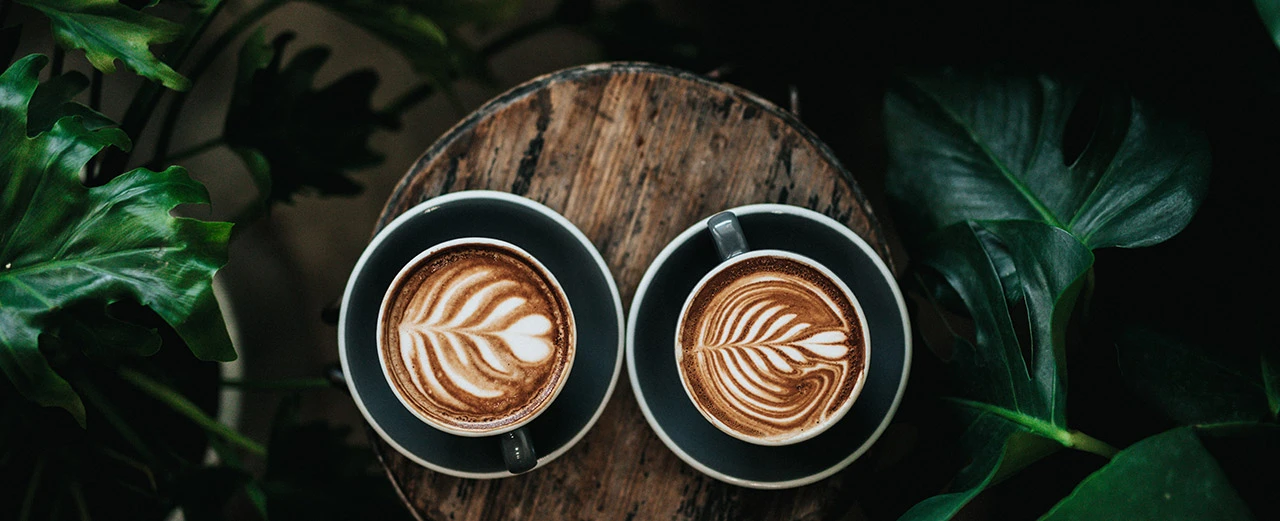Zwei Latte Macchiato mit Herz- & Blatt-Latte Art auf Holztablett, umgeben von Grün.