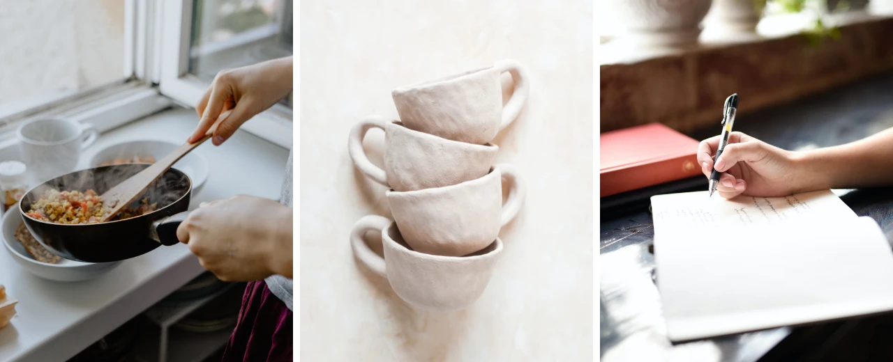Drei Bilder: Kochen, handgefertigte Ton-Tassen, Notizen schreiben.  Erstellt mit Canva.