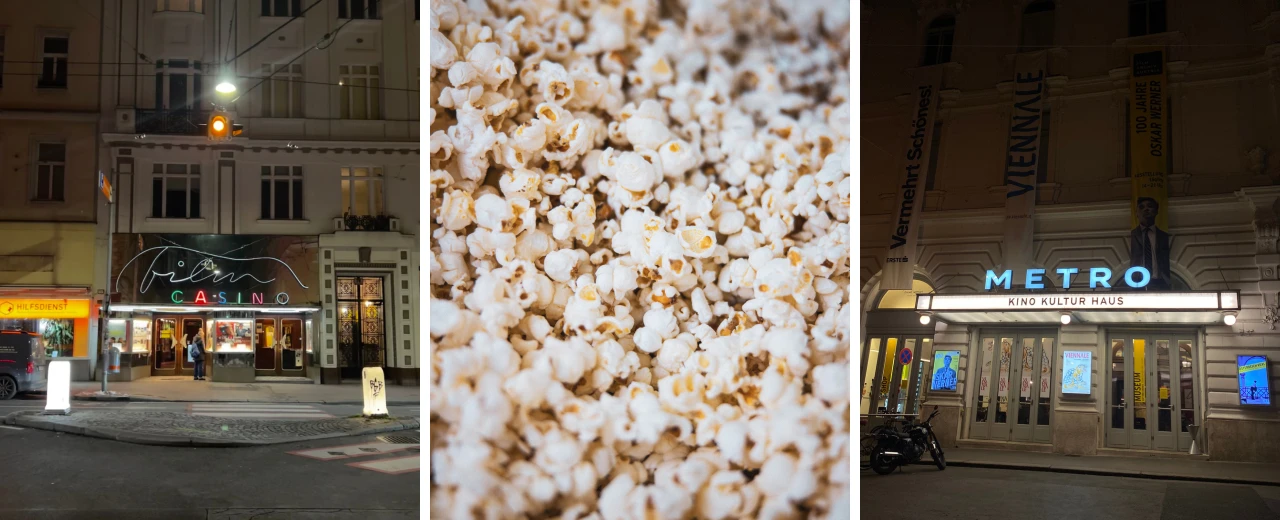 Drei Bilder zeigen Wiener Kinos bei Nacht: Film Casino, Metro Kino und Popcorn.  Atmosphärische Aufnahmen für Kino- und Nachtleben-Inhalte.
