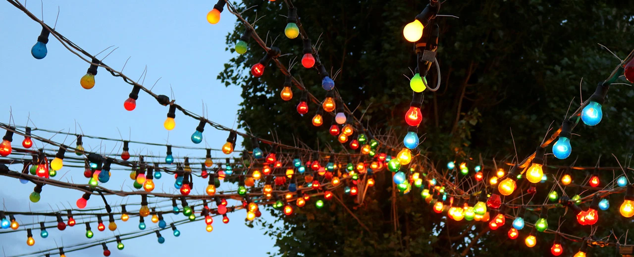 © Andrea Putz von wienkonzert.com Bunte Lichterkette mit Glühbirnen an einem Ast oder Kabel.  Erstellt mit Adobe Photoshop CC 2017.