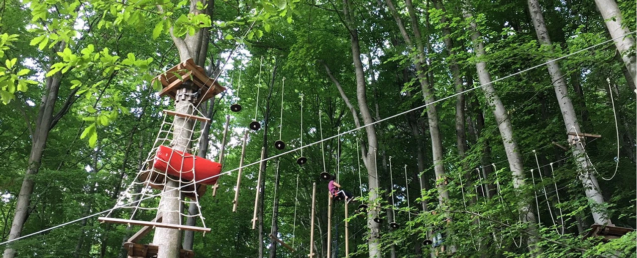 © Leslie Keferstein Hochseilgarten im Wald mit Person am Parcours.  Erstellt mit Adobe Photoshop.