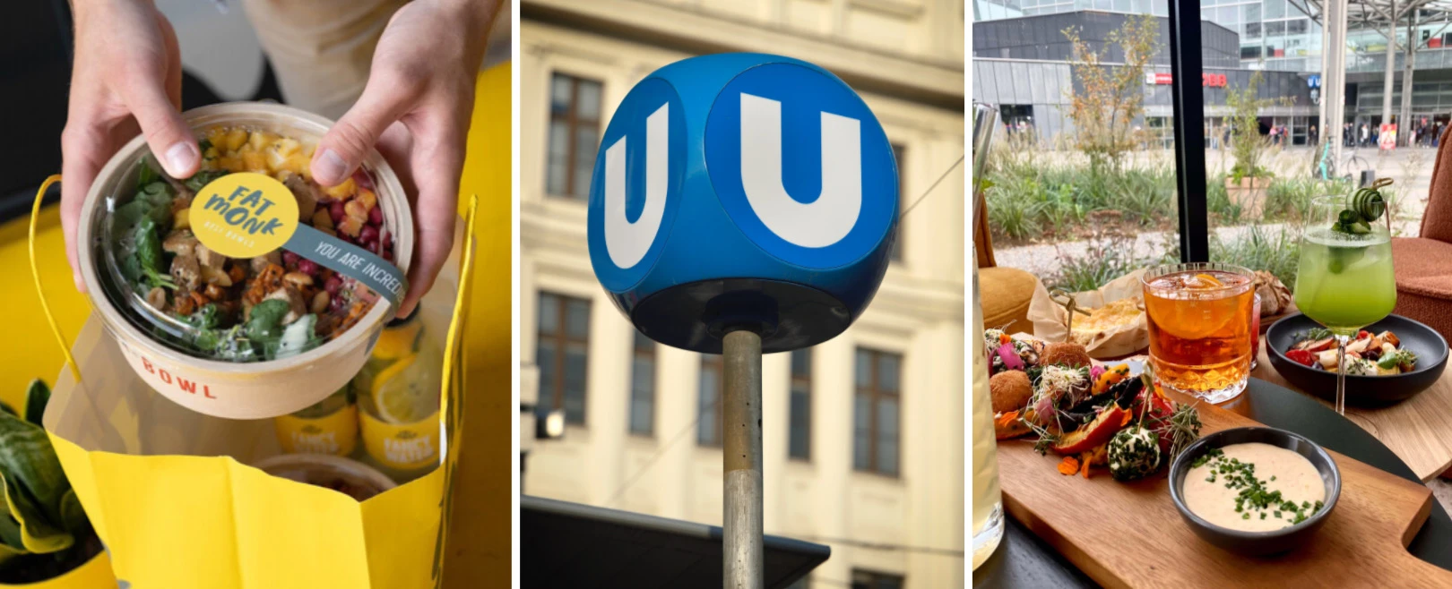 Fat Monk Bowl, U-Bahn-Schild, Restaurant-Essen & Getränke. Gesunde Ernährung to go.