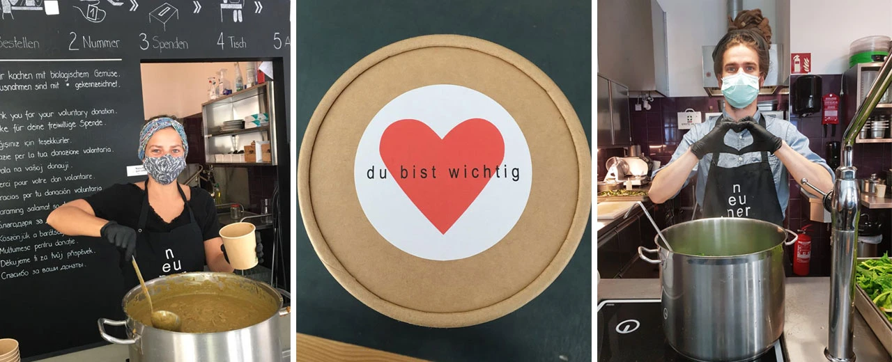 © Neunerhaus / Sophie Keferstein, Christopher Kastelan Restaurantmitarbeiter servieren Suppe, zeigen Herz & werben mit 'Du bist wichtig'. Bio-Gemüse, Spenden erwünscht.
