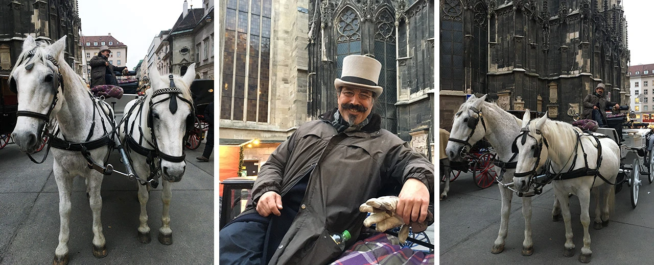 Collage: Zwei weiße Pferde ziehen eine Kutsche vor einer gotischen Kirche. Ein Kutscher ist ebenfalls abgebildet.