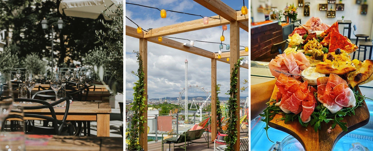 Drei Bilder: Restaurant-Außenbereich, Dachterrasse mit Blick auf Riesenrad & Antipasti-Platte. Mit Adobe Photoshop CS6 erstellt.