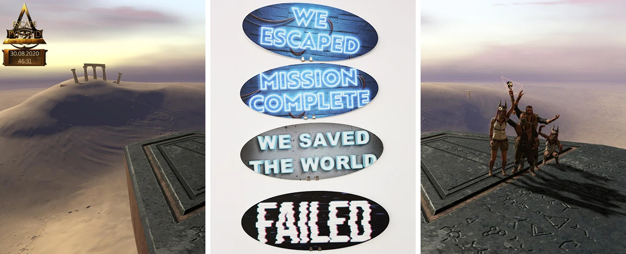 Collage mit Wüstenlandschaft, Neon-Schildern ('We Escaped', 'Mission Complete', 'We Saved the World', 'FAILED') und Spielfiguren. Erstellt mit Adobe Photoshop.