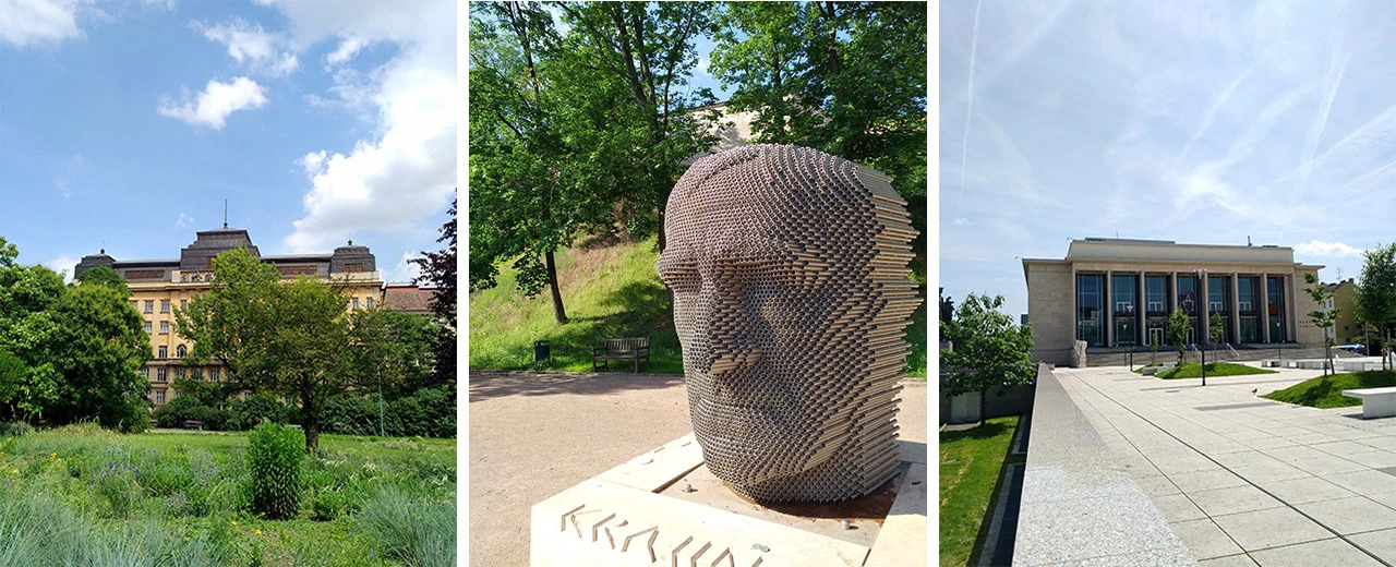 Drei Fotos zeigen verschiedene Orte: Gebäude im Park, moderne Kopfsulptur und modernes Gebäude. Mit Adobe Photoshop erstellt.