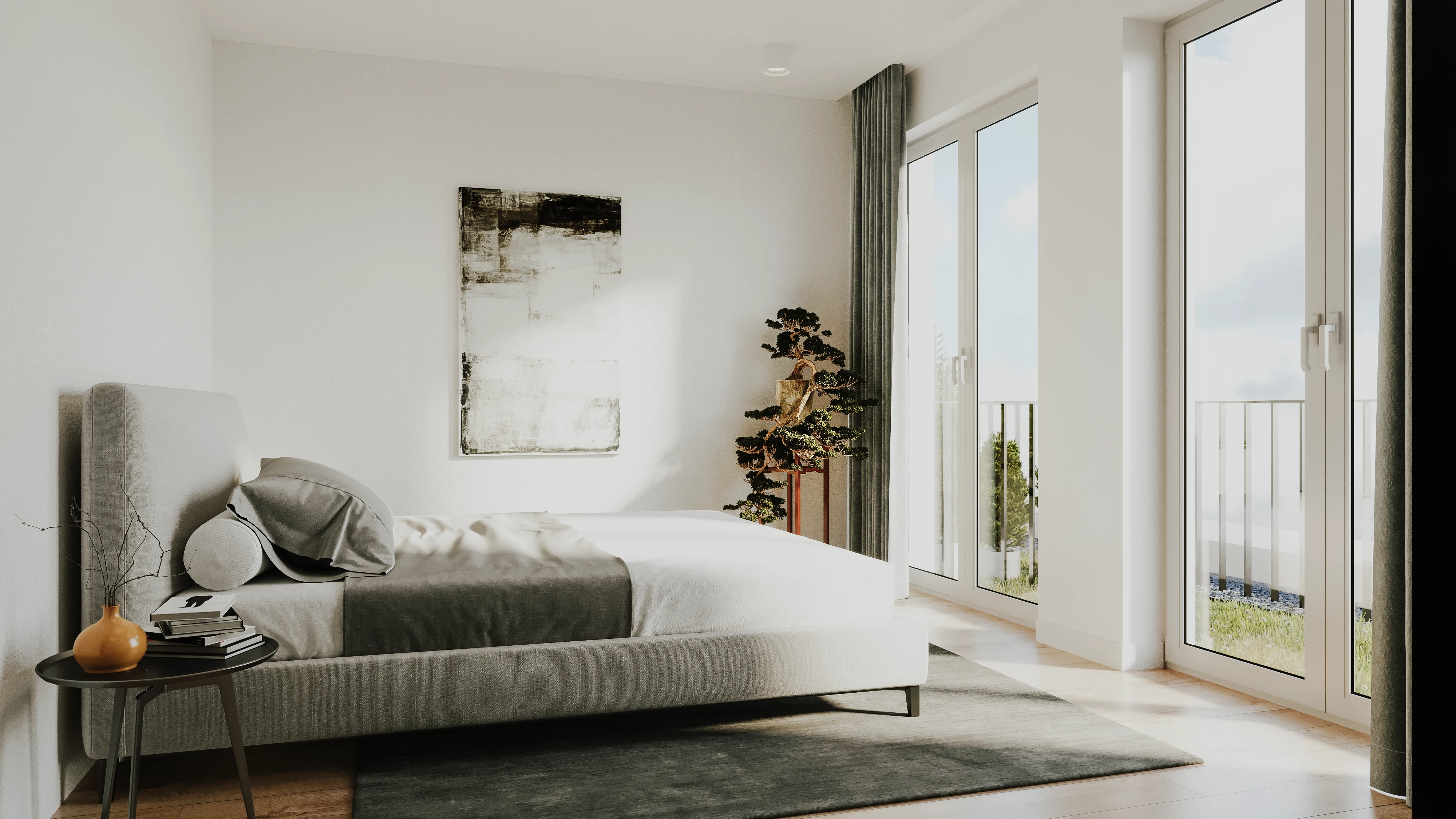 Schlafzimmer mit Blick nach Draußen in neutralen Farben