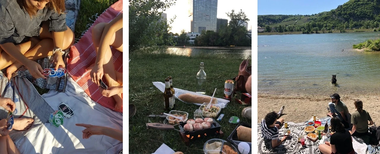 © Lisa Marie Högl Freunde genießen Picknicks an verschiedenen Orten: Kartenspiele, Raclette & Entspannung am See.