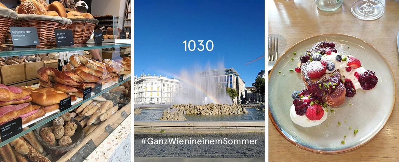 © Julia Sahlender Collage: Wiener Bäckerei, Albertinaplatz mit Springbrunnen & Regenbogen, Beerendessert. #GanzWien