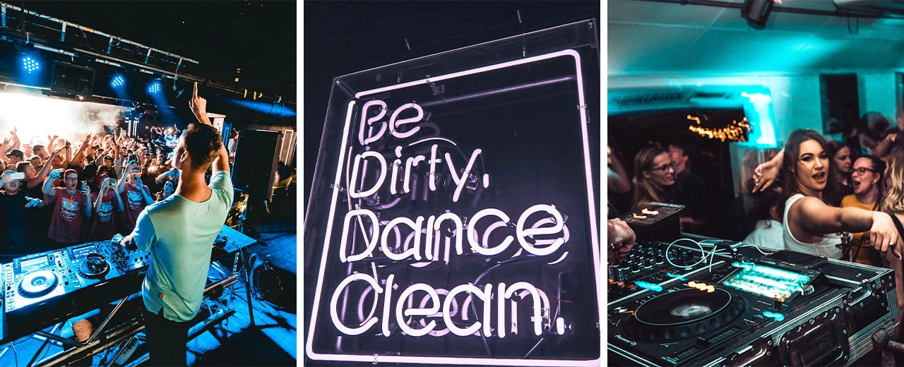 Drei Bilder zeigen eine Clubnacht mit DJ, tanzender Menge und Neon-Schild 'Be Dirty, Dance Clean'. Erstellt mit Adobe Photoshop.
