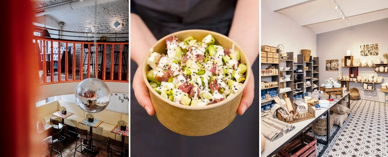 © Taco Tante c Atelier Karasinski | Aitiki Poke Bowls | Kruste & Krume Greißlerei Moderne Restaurant mit orangefarbenen Akzenten, Poké Bowl und gut sortierter Laden mit Küchenutensilien.