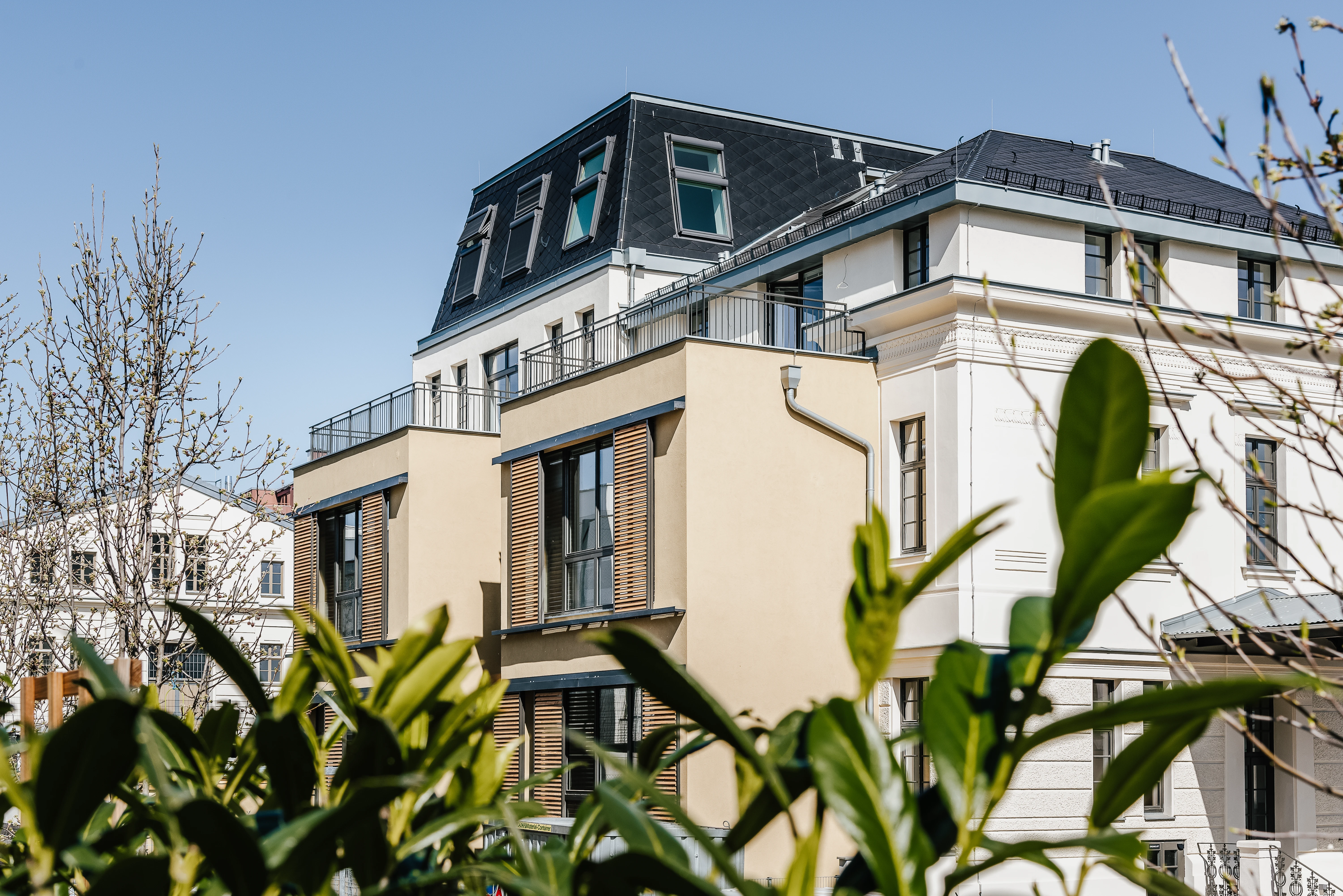 Renovierter Altbau mit Holzdetails von Außen fotografiert hinter Pflanze