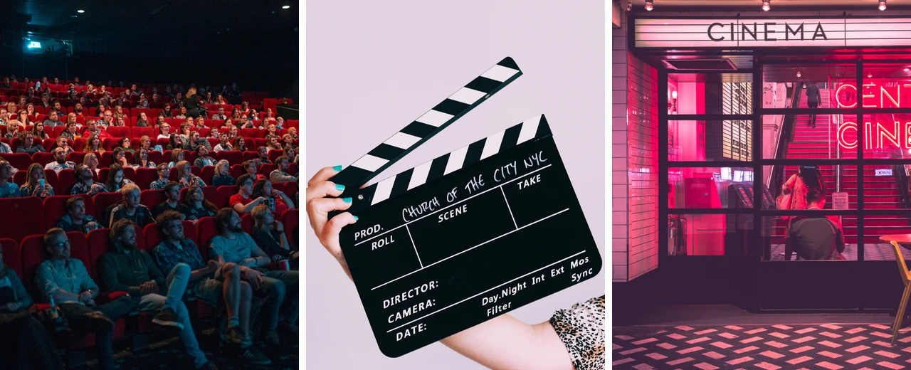 Filmcollage: Volles Kino, Filmklappe und Kino-Außenansicht.  Illustriert das Kinofühlen und Filmproduktion.