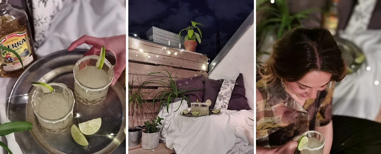 Selbstgemachte Margaritas mit Limette & Eis auf dem Balkon.