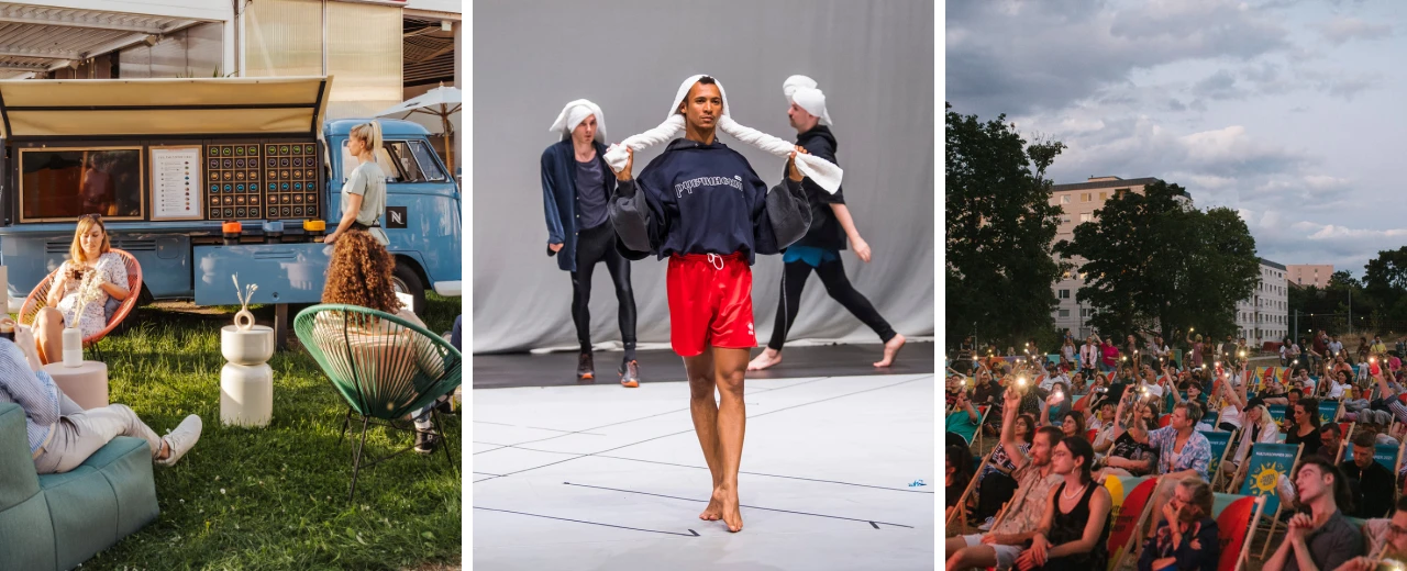 Sommerfestival mit Kaffee-Stand, Tanzaufführung und Open-Air-Publikum.