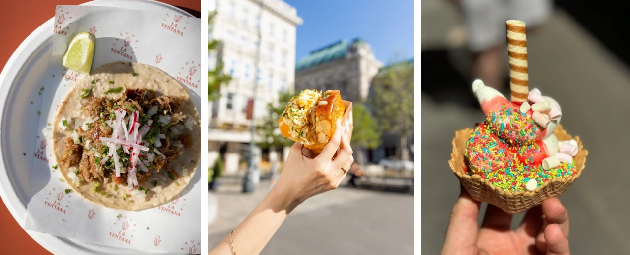 Drei leckere Gerichte: Taco, Sandwich und Eis. Perfekt für Foodblogger und Foodies!