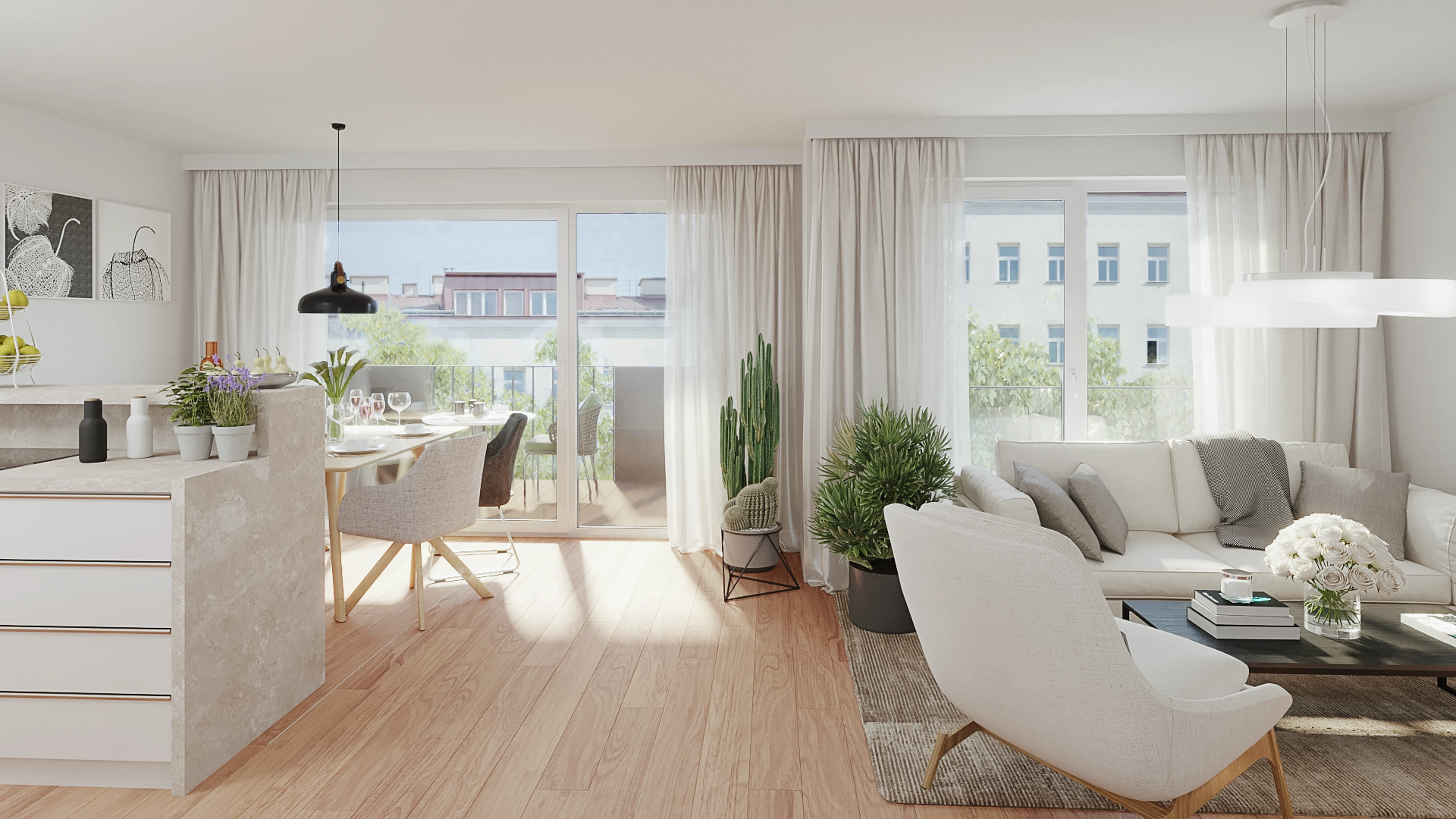 Helles modernes Wohnzimmer mit Balkon und Wohnlandschaft