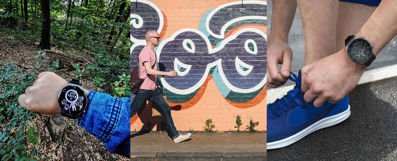 © Huawei | Unsplash | Huawei Drei Bilder: Smartwatch im Wald, Mann läuft an Graffitiwand vorbei, Person bindet Laufschuh-Schnürsenkel.