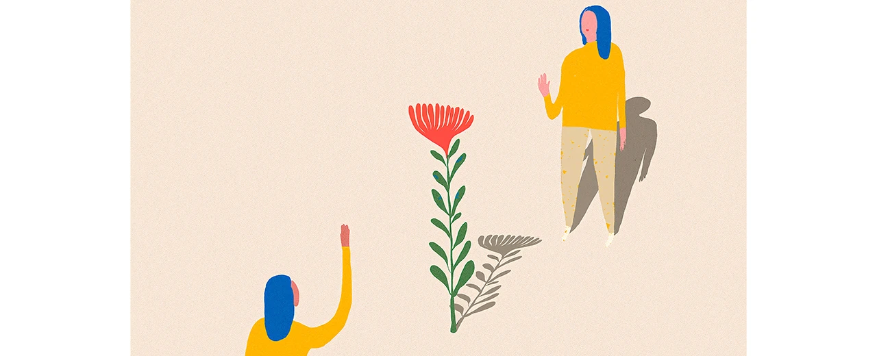 © Dzana Serdarevic / Unsplash Minimalistische Illustration: Zwei Frauen und eine Blume auf pastellfarbenem Hintergrund. Eine Frau winkt, die andere hebt die Hand.