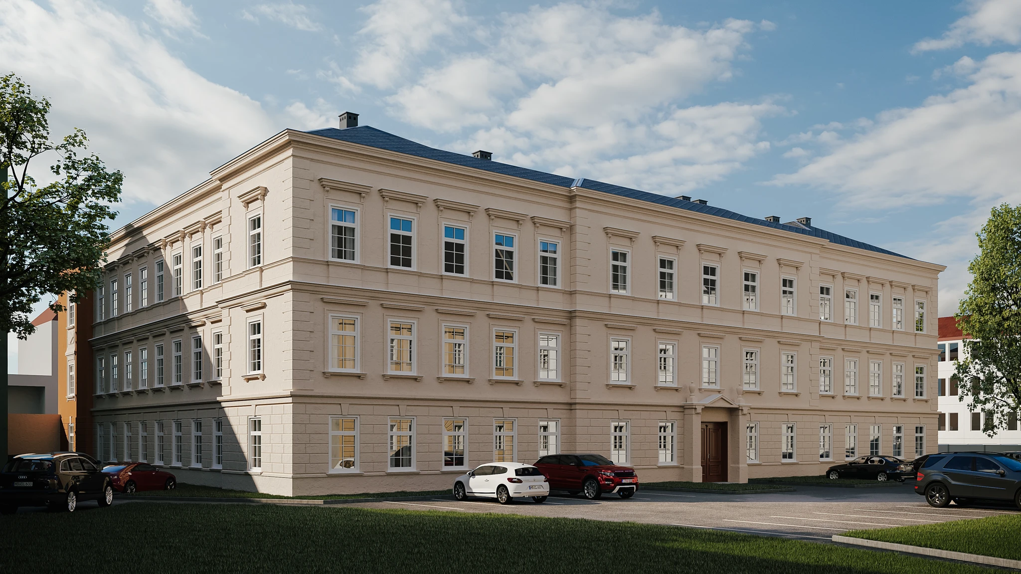Altbau Komplex mit Parkplatz