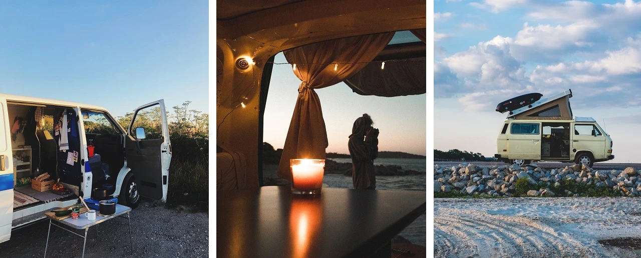 Campervan Abenteuer: Kochen, Sonnenuntergang, Strand.