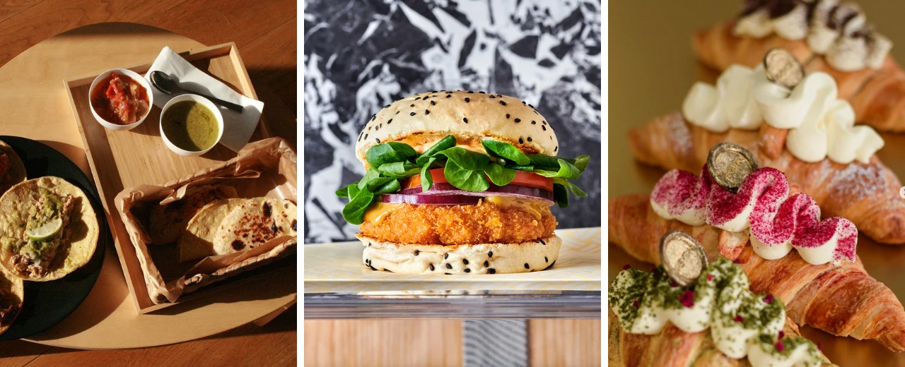 Tacos, Burger & Croissants mit verschiedenen Toppings.