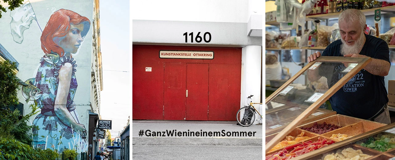 © Lio LonGlife Triptychon: Wandgemälde einer Frau, Kunsttankstelle Ottakring, Marktstand mit Trockenfrüchten. #GanzWienineinemSommer