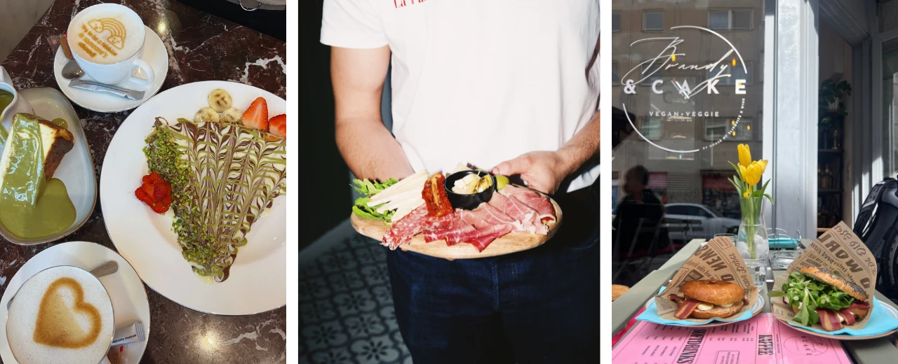 Bild zeigt verschiedene Speisen und Getränke eines vegan-vegetarischen Cafés: Cappuccino, Käsekuchen, Crêpe, Aufschnittplatte, Bagels. Brandy & Cake.