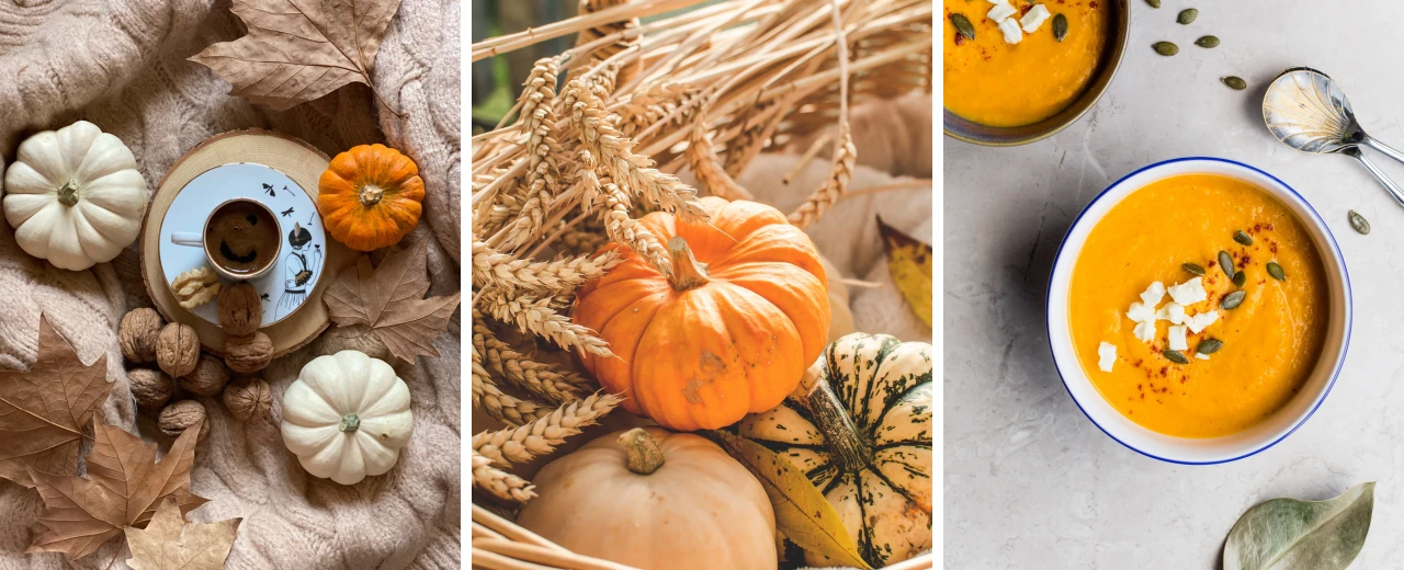 © unsplash Herbstcollage: Kürbisse, Kaffee, Kürbissuppe.  Gemütliche Herbststimmung.