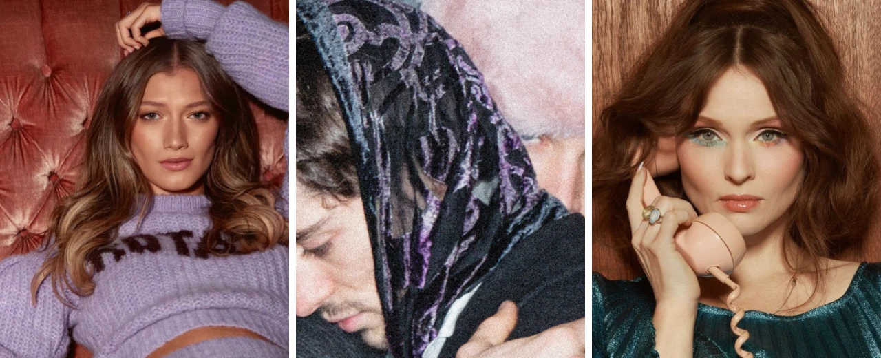 Drei stilvolle Porträts: Frau mit lila Pulli, Mann mit Tuch und Frau am rosafarbenen Telefon. Moderne, trendige Bilder.