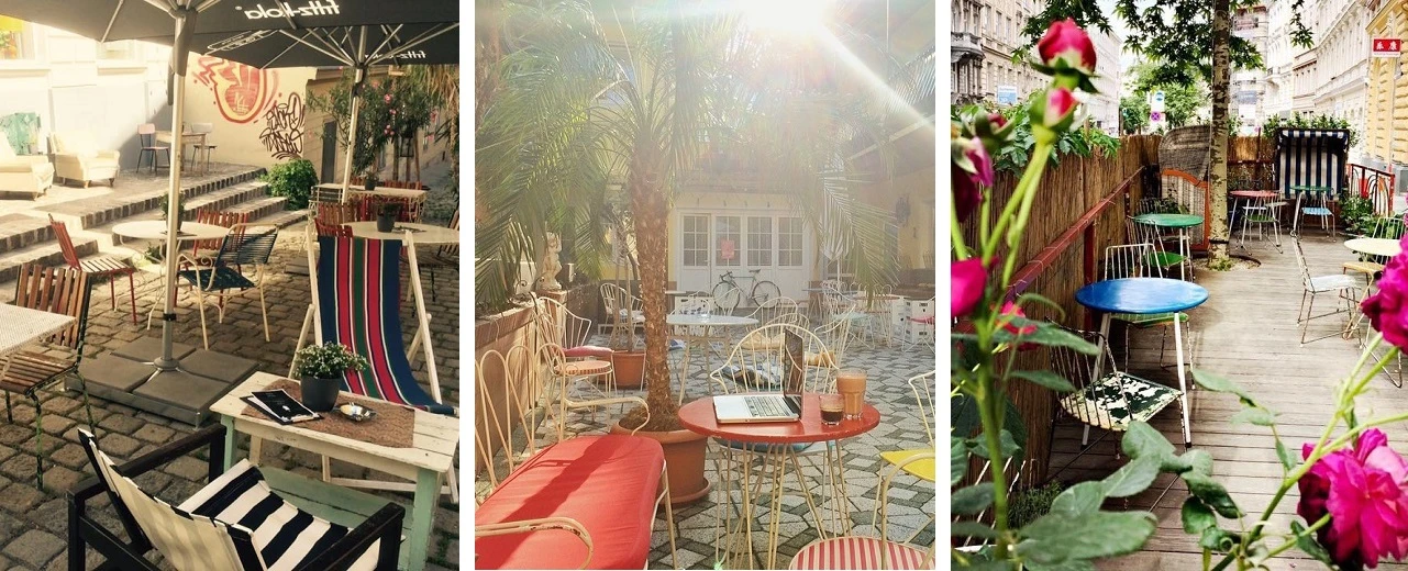 © Burggasse 24 | Hotel am Brillantengrund | Cafe Espresso Gemütlicher Café-Außenbereich mit bunten Möbeln & Pflanzen. Perfekt zum Entspannen!