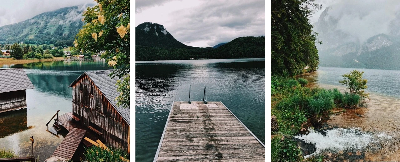 Alpenlandschaft: Holzhaus am See, Steg, Wasserfall. Atemberaubende Natur.