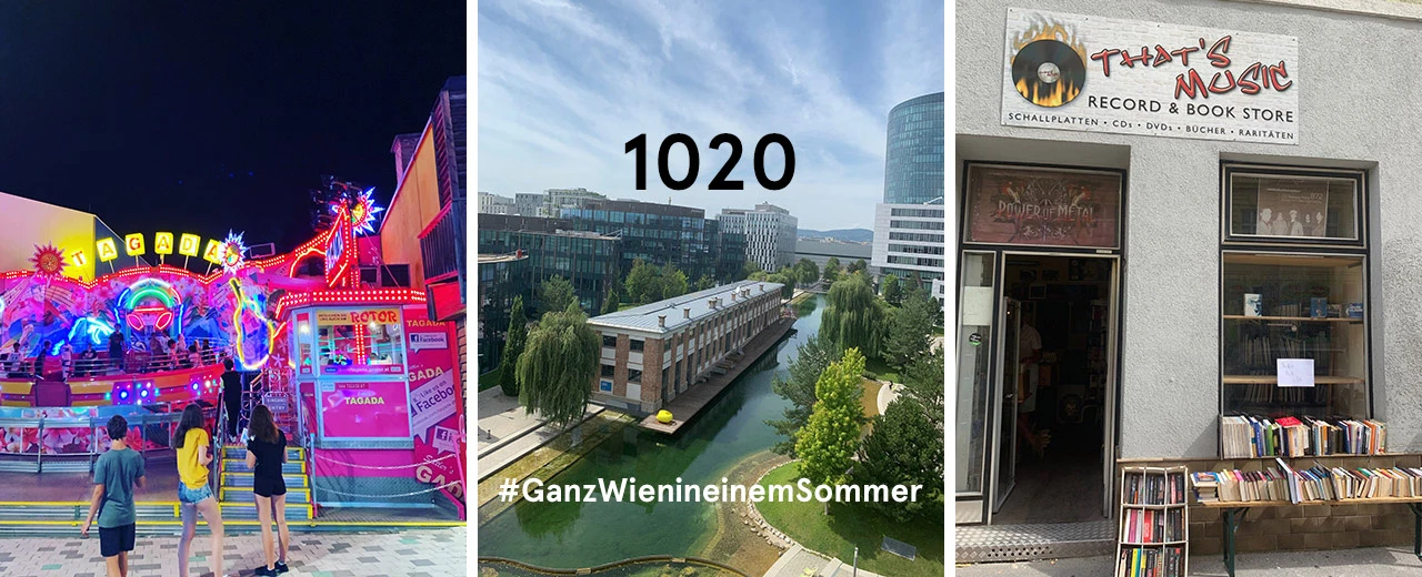 © Robin Simsa Drei Wiener Sommerbilder: Jahrmarkt-Karussell, Blick auf den 1020. Bezirk & Plattenladen.