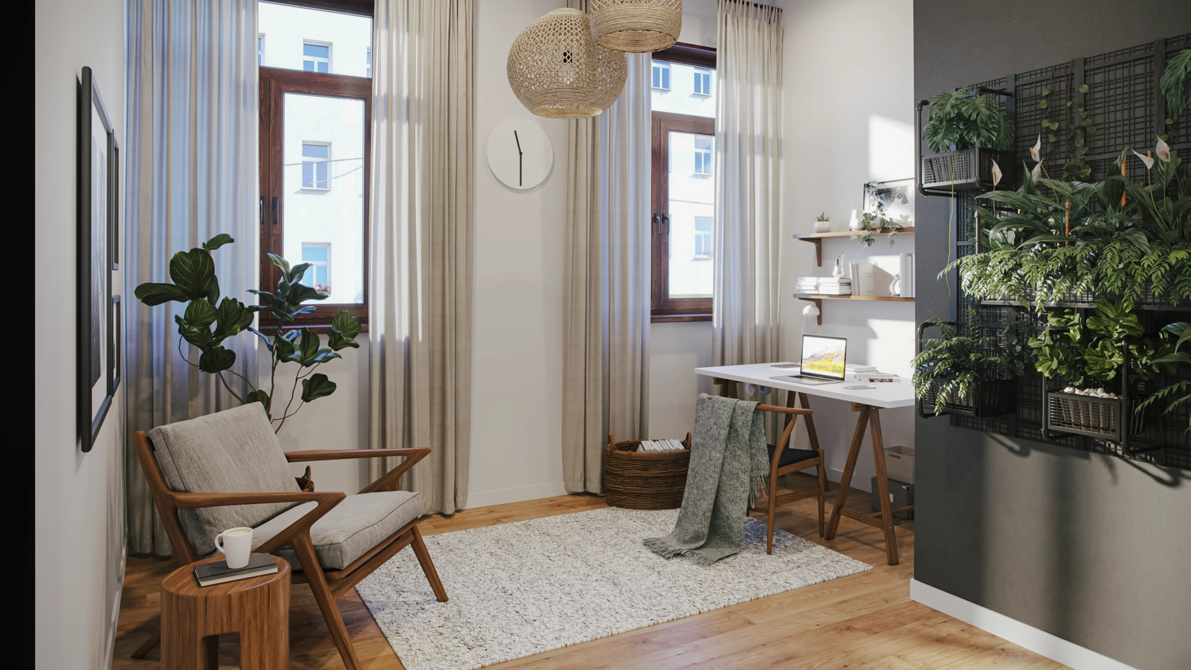Wohnecke mit Homeoffice Platz und Begrünung auf der Wand