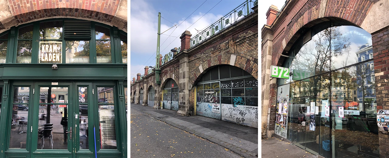 © Ariane Duwe Drei Fotos von Gebäuden mit Backsteinbögen in Berlin, darunter der Kramladen und ein Geschäft mit der Aufschrift B72. Erstellt mit Adobe Photoshop.