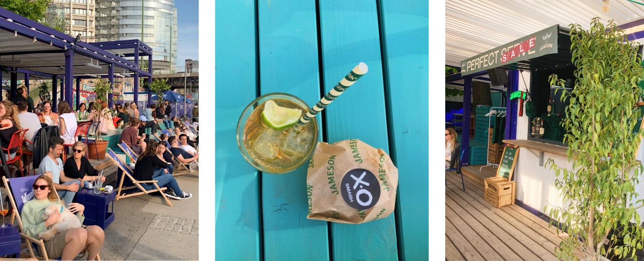 © Stefanie Molnar Donaukanal Bar: Menschen entspannen sich bei Getränken im Freien.  Perfekt für Sommer-Vibes und Urlaubsfotos.