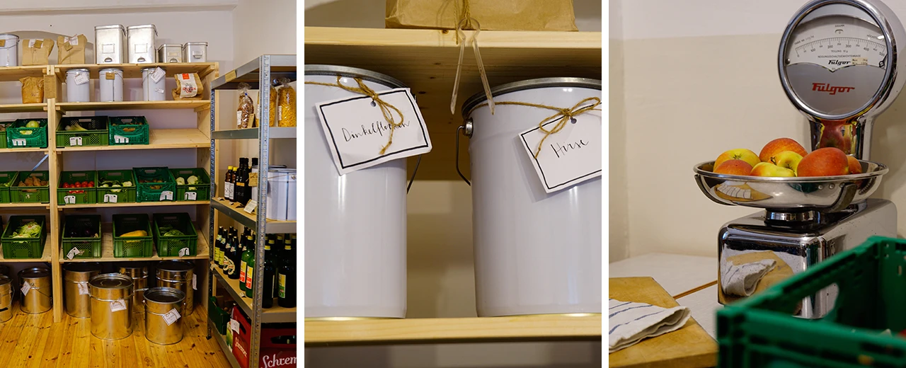 © Chantel Koch Bild eines Unverpacktladens mit Regalen voller Lebensmittel, Obst und Gemüse in Kisten, sowie einer alten Waage. Erstellt mit Adobe Photoshop.