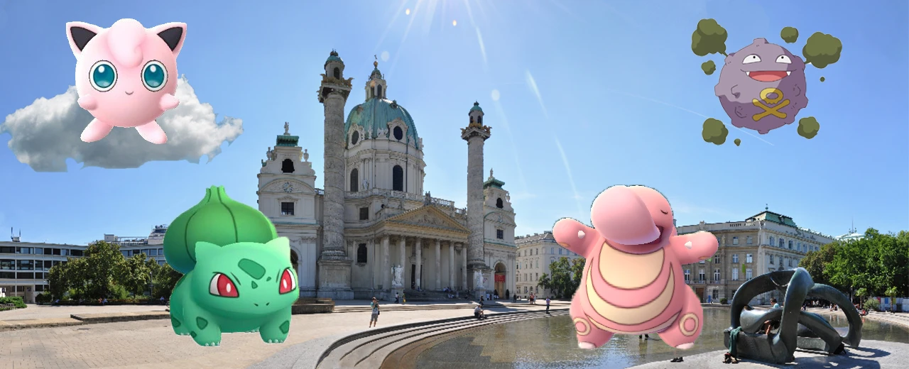 Pokémon (Jigglypuff, Bisasam, Relaxo, Kokowei) vor der Wiener Karlskirche. Augmented Reality Beispiel.