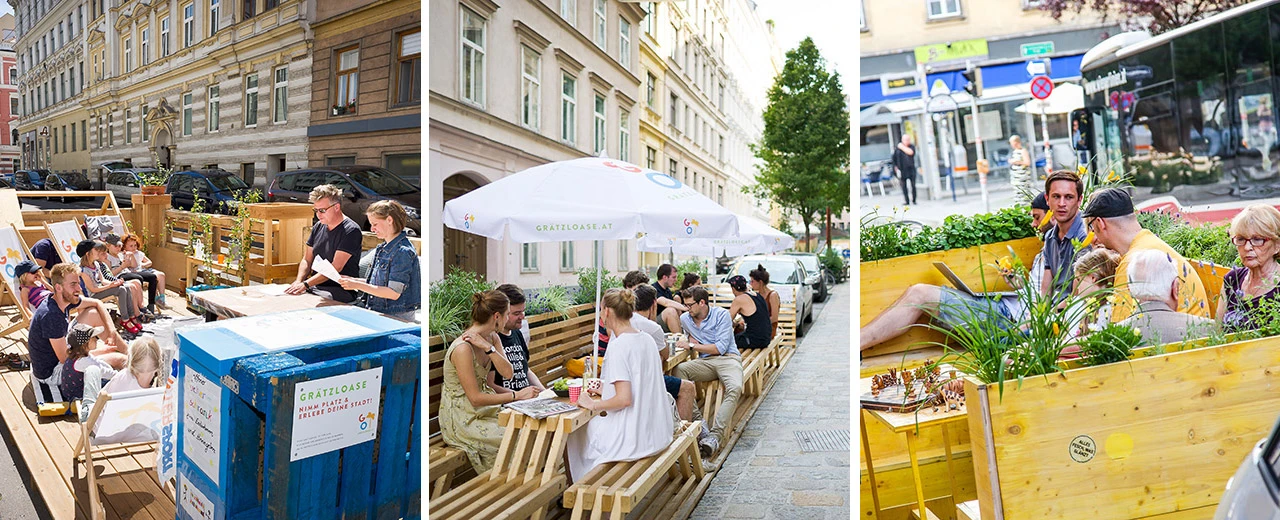 Grazloose: temporäre Stadtgestaltung in Graz mit Holzbänken, Tischen & Grünflächen, Menschen entspannen & kommunizieren.