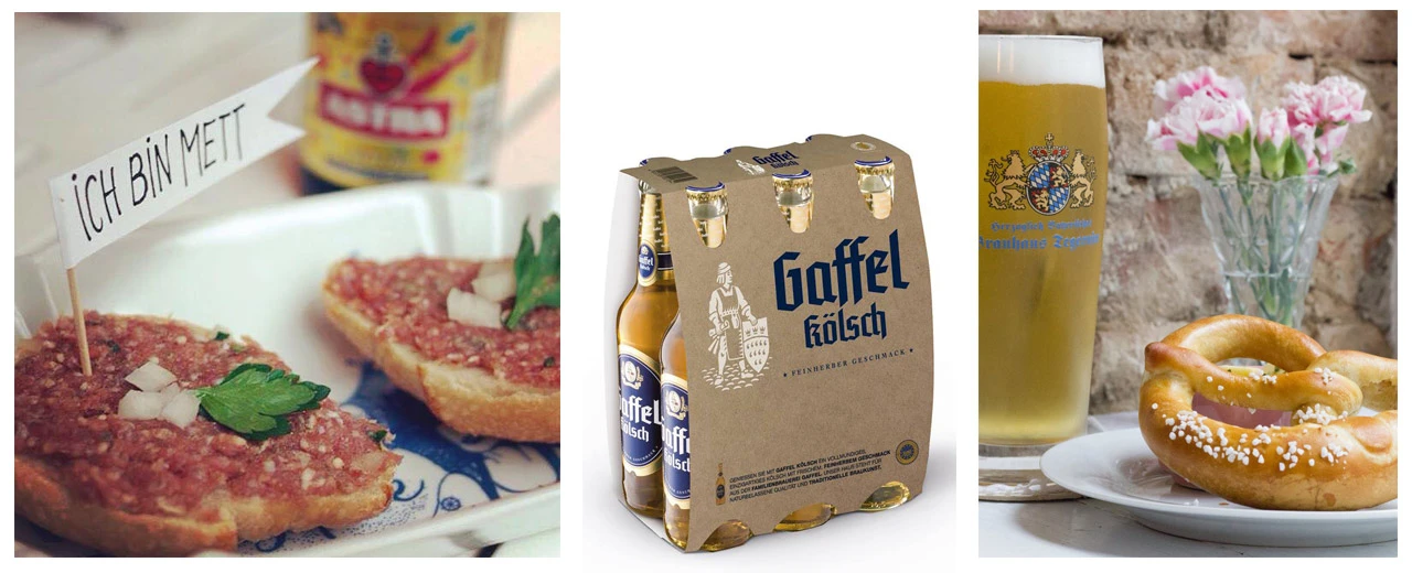 Collage mit Mettbrötchen, Gaffel Kölsch und Brezel. Typisch deutsche Speisen und Getränke.