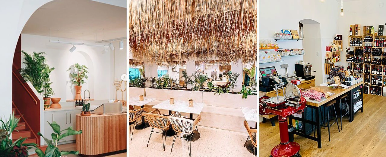 Drei moderne Geschäftseinrichtungen: Café, Restaurant & Feinkostladen.  Mit Pflanzen und ansprechendem Design.