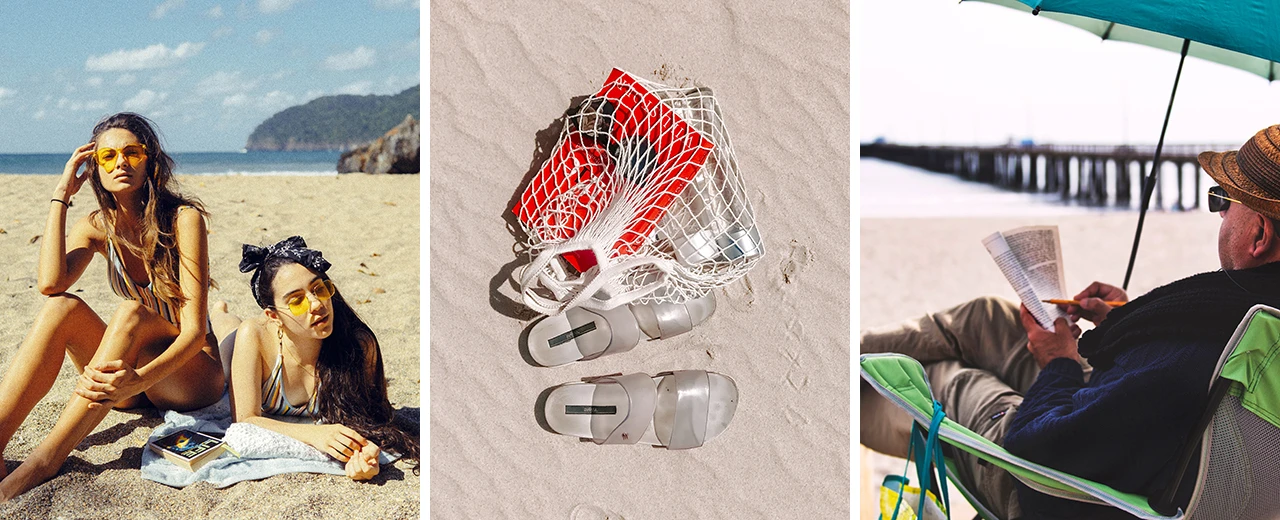 Drei Szenen am Strand: Zwei Frauen im Bikini, Strandtasche mit Sandalen, Mann liest ein Buch.  Erstellt mit Adobe Photoshop.